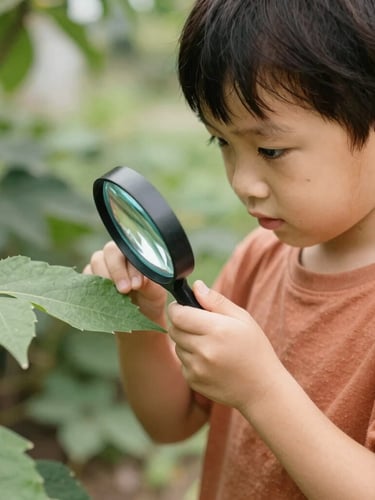Eye-level candid shot of a young child in a sunlit garden examining a green leaf with a magnifying glass, soft terracotta tones, shallow depth of field, 35mm lens