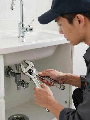 A certified plumber in a clean dark uniform working with a pipe wrench under a residential sink, natural daylight, sharp focus, 35mm lens