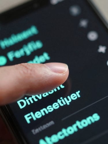 Extreme close-up of a thumb swiping across a dark bezel-less phone screen, displaying a fluid text-based menu with electric-teal indicators, soft ambient screen glow on skin, high-fidelity macro shot.