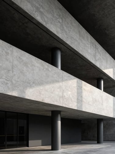 An abstract architectural angle of a modern concrete and steel boardroom, low-key directional side-lighting with deep shadows, high-contrast editorial crop.