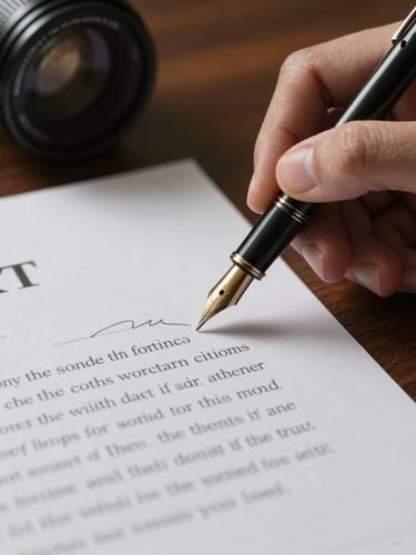 Close-up of a fountain pen signing a heavy cotton paper contract on a dark walnut desk, cinematic side-lighting, deep shadows