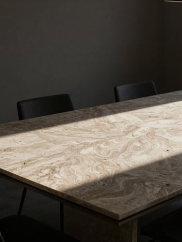 Abstract architectural angle of a modern minimalist boardroom, low-key directional side-lighting, deep shadows, premium stone table surface