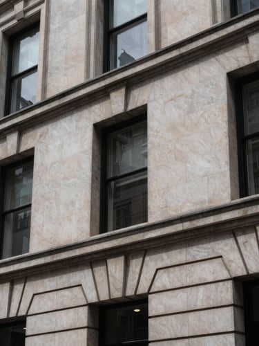 Low-angle architectural close-up of a Portland stone facade in Mayfair, high-contrast overcast daylight, deep shadows, corporate editorial style.