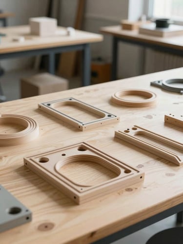 Wide clean environmental shot of an active hardware workspace, physical prototypes on a wooden bench, bright natural daylight, architectural lines.