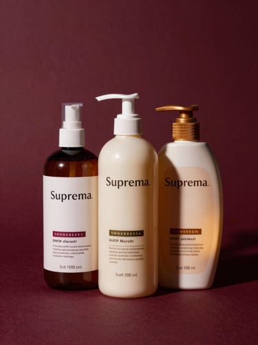 Three Suprema hair care product bottles grouped together on a dark aubergine surface, warm gold accent light from the right, rich shadows, editorial product photography, no text