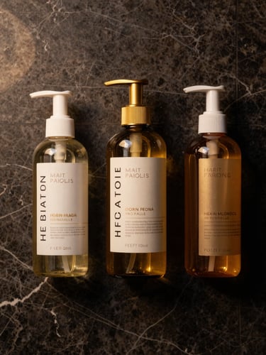 Wide flat-lay of three hair care product bottles arranged on a dark marble surface, warm gold accents on packaging, soft studio fill light from the left, product textures visible through glass, no hands, no text