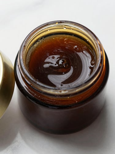 Extreme close-up flat-lay of a dark glass hair mask jar open on a white marble surface, formula texture visible inside, natural daylight from the left, gold lid beside the jar, no branding text