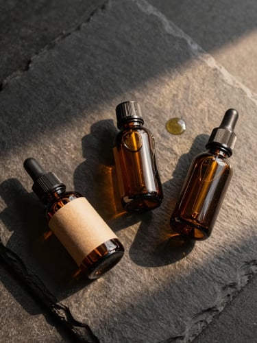 Flat-lay of three amber glass hair oil bottles on a dark slate surface, soft golden-hour sidelight raking across the textures, product labels face-up, small pool of oil visible beside one open cap