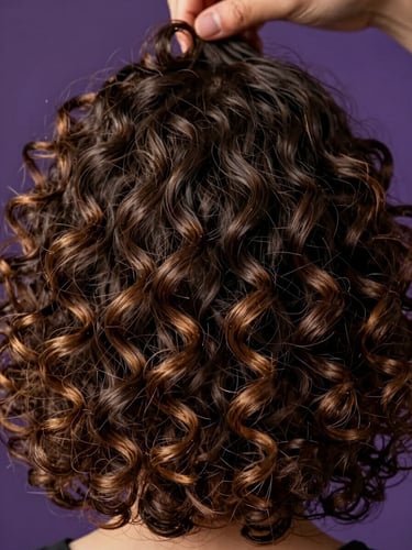 Extreme close-up of dense curly hair strands reflecting warm studio light, individual coils sharp and defined against a deep purple-toned background, hands barely visible mid-application of a translucent serum, north-facing daylight fill