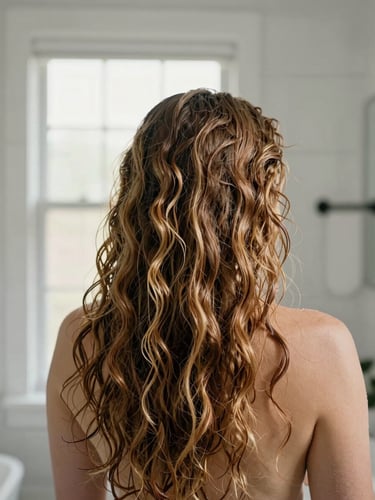 Wide environmental shot of a woman with long natural textured hair in a bright home bathroom, hair still damp and clumped into defined sections mid-routine, north-facing window light, no makeup, honest medium shot showing real curl pattern