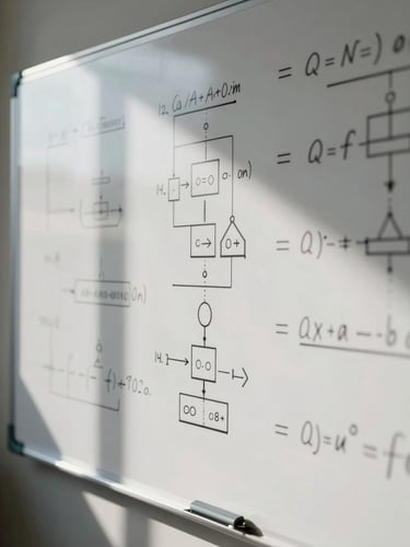 Macro shot of physical whiteboards with complex architecture diagrams and financial equations, hard directional office daylight, tight crop