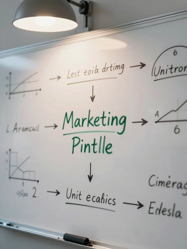 Tight macro shot of a physical whiteboard with complex marketing pipeline equations and unit economics models sketched in dark green ink under focused desk lamp light.