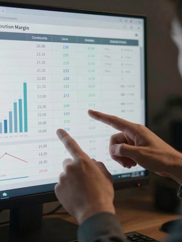 Candid close-up of a strategist's hands pointing to a clean financial dashboard displaying contribution margin metrics on a dark screen in a dimly lit room.