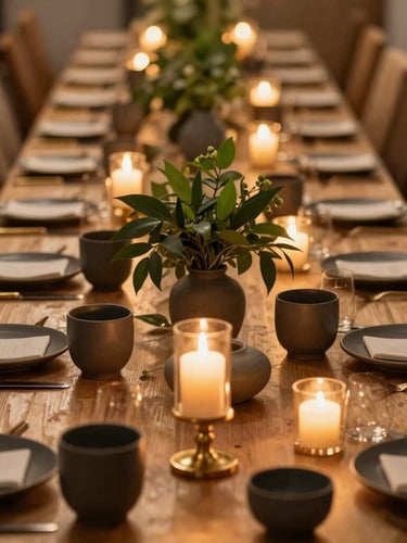 Warm editorial photography of a long banquet table set with modern charcoal ceramics, glowing brass candlesticks, and structural green foliage installations, shallow depth of field, 35mm