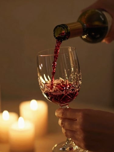 Close-up detail of hands pouring red wine into a delicate crystal glass, warm ambient candlelight, soft golden-hour light, rich saturated tones, shallow depth of field, 35mm