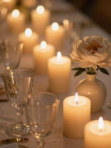 Close-up detail of a luxury wedding tablescape, hand-poured beeswax candles flickering, delicate gold-rimmed glassware, textured linen, a single pale peony in a ceramic vase, shallow depth of field, warm candlelight