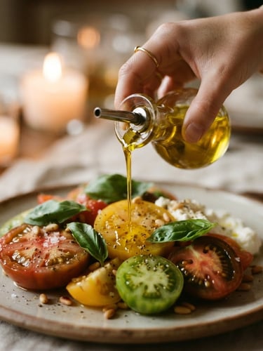 Tight macro shot of a hand pouring clear golden olive oil over a perfectly plated heirloom tomato dish, soft ambient candlelight, shallow depth of field, 35mm