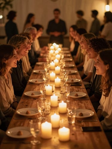 Atmospheric wide shot of guests lingering around a long wooden table lit entirely by candles, soft laughter, warm glowing environment, 35mm