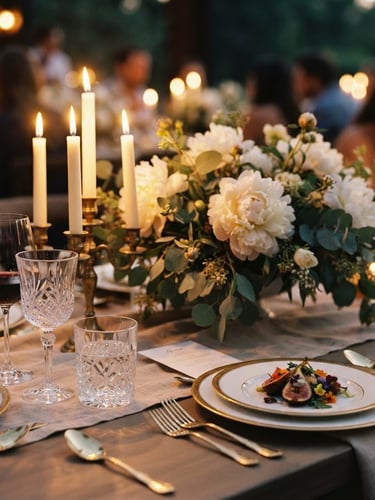 Close-up of a meticulously set tablescapes at dusk, warm ambient candlelight reflecting on crystal glassware, delicate white peony centerpiece, shallow depth of field, 35mm editorial photography