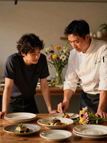 Warm editorial portrait of a creative director and a head chef collaborating in a sunlit studio, surrounded by loose floral stems and ceramic plates, shallow depth of field, 35mm