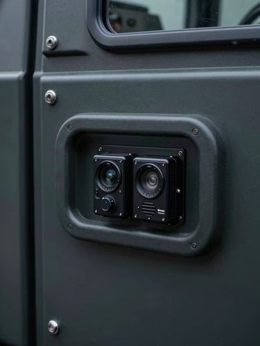 Extreme close-up of armored vehicle interior control panel—reinforced door handle, communication equipment mounted to center console, matte black surfaces under cool controlled studio light, no passengers, clinical and precise framing emphasizing operational hardware