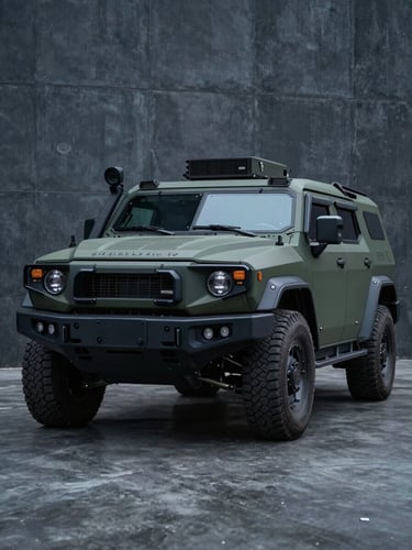 Wide environmental shot of armored SUV in operational stance on dark concrete, front quarter view, cool directional lighting emphasizing reinforced body panels and ballistic glass, no people, no motion