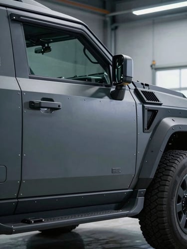 Close-up three-quarter view of an armored SUV front quarter panel in a controlled industrial garage, cool directional strobe lighting revealing steel body seams and ballistic-rated door edge, no occupants visible, emphasis on mechanical construction and vehicle mass