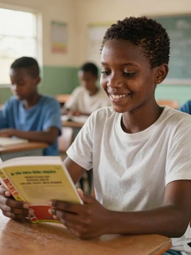 Candid medium shot of a Haitian student smiling, holding a new textbook in a sunlit classroom, natural Caribbean sunlight, rich organic tones, 35mm