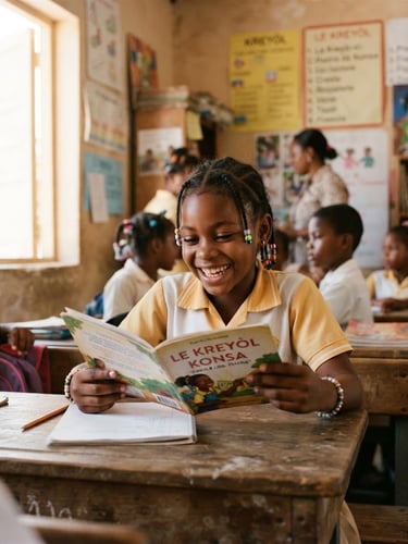 Candid medium shot of a Haitian child smiling and reading a book in a sunlit classroom, natural Caribbean sunlight, warm organic tones, 35mm.