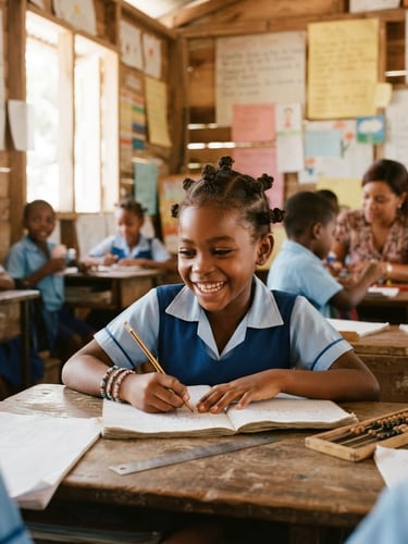 Candid medium shot of a Haitian child smiling and learning in a classroom, natural Caribbean sunlight, warm organic tones, 35mm