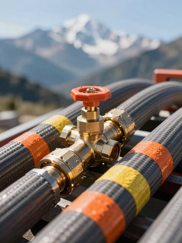 Tight macro shot of heavy-duty industrial vacuum hose connections, brass valves, and high-visibility safety markings, bright mountain daylight, sharp focus.