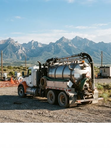 Wide environmental shot of a heavy-duty industrial vacuum truck parked on a gravel utility site in Montrose, rugged Colorado mountains in the background, sharp morning light, high contrast