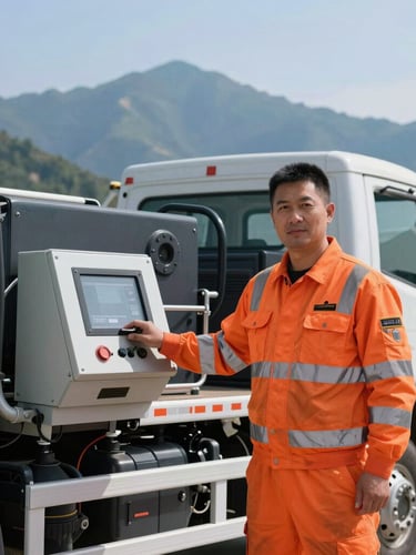A certified operator in high-visibility safety orange gear standing beside a heavy-duty vacuum truck control panel, bright mountain daylight, professional environmental portrait