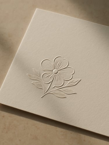 Macro close-up of embossed ivory paper collateral resting on a warm beige stone surface, soft diffused daylight casting gentle shadows, minimal composition with generous negative space, editorial 35mm film texture.