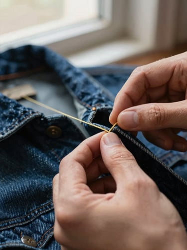 Macro close-up of hands carefully unpicking the golden thread of a vintage denim jacket under soft window light, textured indigo fabric, shallow depth of field
