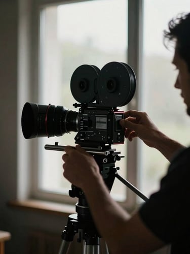 Behind-the-scenes film production shot, director adjusting an analog 35mm camera, dramatic low-key natural window light, rich shadows