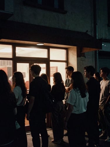 High-contrast film photography of a crowd gathered outside an independent cinema at night, soft warm light spilling from the lobby, rich shadows.