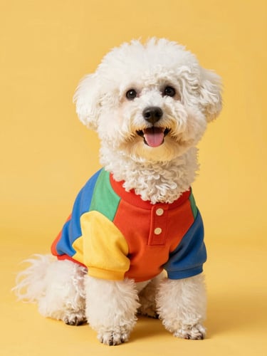 A joyful fluffy dog wearing a custom colorful shirt looking at the camera, bright warm studio lighting, cheerful tones