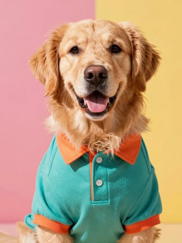 Bright joyful pet photography, a happy golden retriever wearing a colorful handmade teal polo shirt, looking at the camera, warm natural daylight, sharp focus