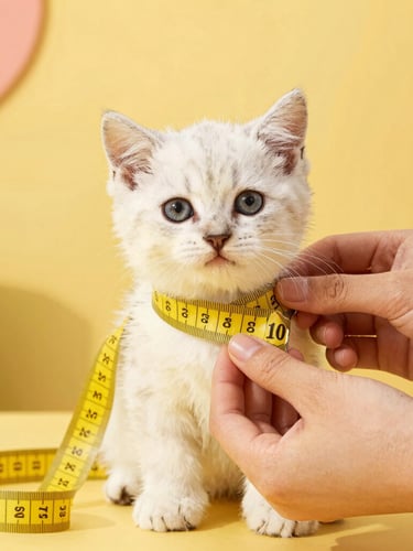 Close-up of hands gently measuring a small fluffy kitten with a soft yellow measuring tape, warm joyful studio lighting, colorful background
