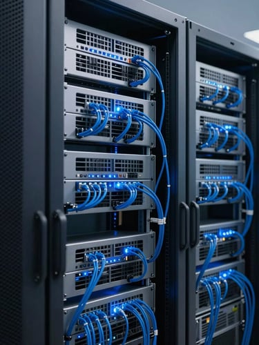 Clean modern server rack room with organized blue ethernet cables, glowing status lights, cool blue and gray tones, professional tech photography, 35mm