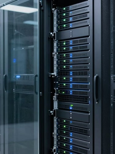 Sala de servidores de escritório moderno e profissional, portas de vidro limpas, hardware de rede co
