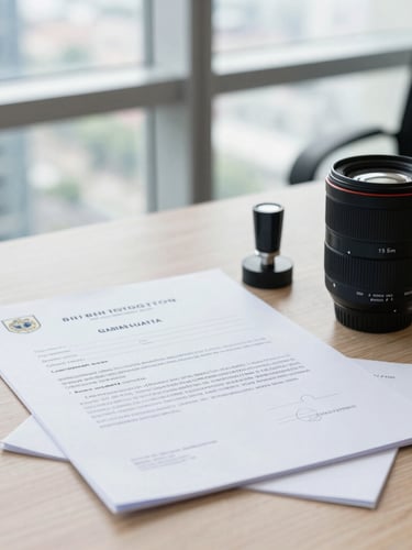 Bright corporate office in Jakarta, official legal documents with stamps on a wooden table, natural office window light, professional 35mm lens, sharp focus