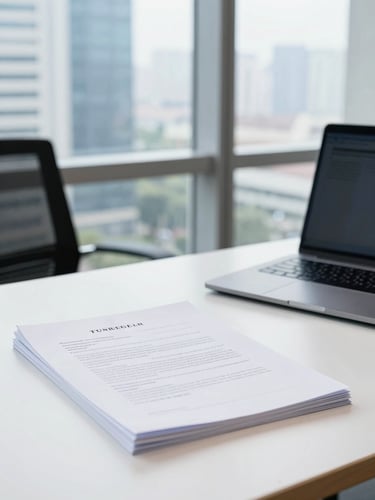Bright modern office in Jakarta, clean desk with legal documents and a laptop, soft window light, professional corporate atmosphere