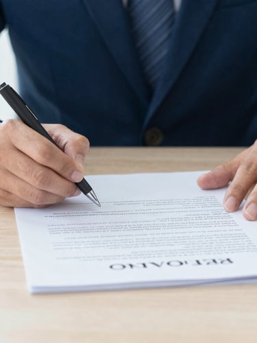 Close-up of hands signing official corporate contract on a clean wooden desk, natural light, professional blue tones