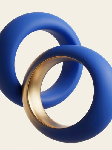 Abstract geometric composition of interlocking gold and blue rings, soft studio lighting, clean cream background, premium editorial feel
