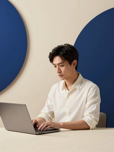 Editorial portrait of a focused professional working in a minimalist, warm-lit studio space, soft shadows, elegant composition, cream and navy tones