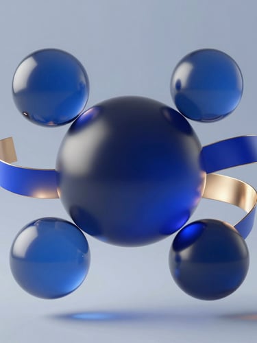 Premium abstract 3D render of floating geometric glass spheres and glowing ribbons, soft studio lighting, royal blue and dark navy gradients, champagne gold highlights, minimalist composition