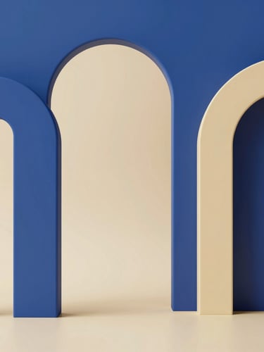 Architectural arches in royal blue and champagne gold, soft studio lighting, generous negative space, minimalist composition