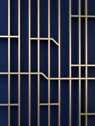An intricate architectural lattice structure of deep navy and champagne gold lines, rendered in 3D with soft volumetric lighting and deep negative space.